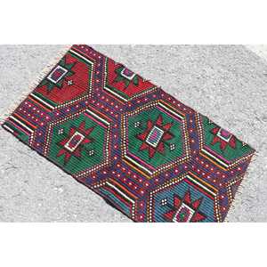 Tapis turc, petit tapis vintage 2,1x3,7 pieds, tapis Kilim patchwork rouge et bleu - Product Image 4