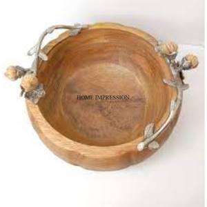 Poignées de designer en aluminium moulé plaqué or pour les aliments en bois de manguier et la salade servant un bol en bois de forme ronde - Product Image 2