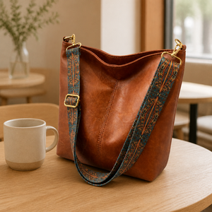 PU Leather Bucket Bag with Woven Strap <b>Soft</b> Bohemian Shoulder <b>Handbag</b> for Women - Product Image 3
