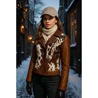 Blouson moto en cuir véritable pour femme, marron, patchwork en cuir de vachette, col en V, épais, coupe-vent, anti-plis, manches longues, fermeture éclair