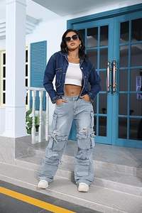 Pantalones vaqueros rasgados elásticos de cintura media de Color sólido a la moda para mujer de talla grande, Vaqueros ajustados informales de verano con decoración de botones - Product Image 2