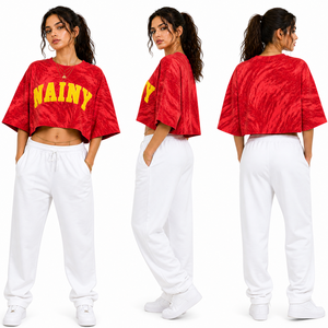 Loose Fit Oversized Crop <b>Top</b> Women Chenille Embroidery Cotton T Shirt Cropped Streetwear Casual Summer Fashion <b>Top</b> - Product Image 1