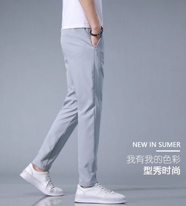 กางเกงยืดผ้าไอซ์ซิลค์สำหรับผู้ชายกางเกงกีฬาขาตรงเอวหลวมระบายอากาศได้ดีสีพื้นกางเกงกีฬาบาง - Product Image 3