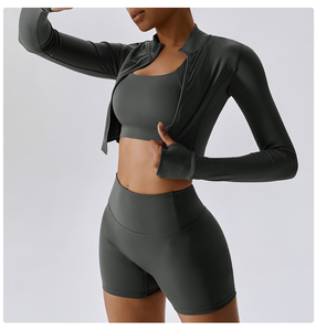 Conjunto de Yoga personalizado OEM de 3 piezas para mujer, ropa deportiva con cremallera, sujetador, pantalones cortos, mallas, ropa deportiva sin costuras, ropa de gimnasio para entrenamiento físico - Product Image 6