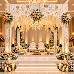 Pavillon de mariage/Mandap Destination Fusion pour Dallas, élégant pavillon de mariage blanc en MDF avec décor floral et lustres, États-Unis - Product Image 3