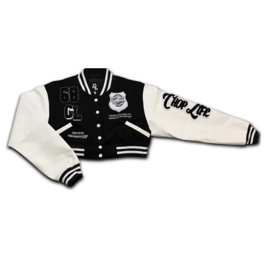 Crop Varsity Jacket Letterman Jacket college jacket with custom logos and chenille patches at wholesale for women