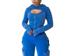 Nouveauté : Survêtement pour femme avec plusieurs poches cargo zippées, 100% coton molletonné 450 GSM, survêtements pour femme - Product Image 4