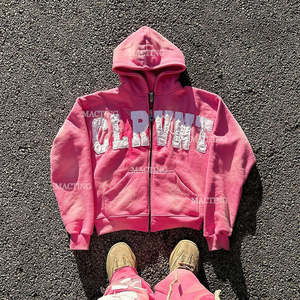 Acid Wash Hoodie Zip up Hoodie Hombres Custom Distressed Applique Patch Bordado Hoodies para hombre, Basics algodón mezclado - Product Image 1