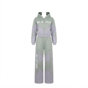Conjunto de Sudadera Corta con Cremallera y Pantalones Jogger de Pierna Ancha para Mujer, Diseño Bicolor, Bloques de Color, Felpa de Algodón, Chándal OEM al por Mayor - Product Image 3