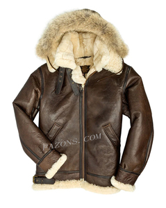 Blouson aviateur en cuir pour homme, style décontracté, en peau de mouton B3, avec doublure en sherpa et garniture en fourrure de raton laveur, capuche amovible, OEM - Product Image 6