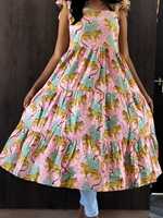 Robe longue indienne en coton bio pour femme, imprimé floral décontracté, col bateau, coupe évasée, vente en gros