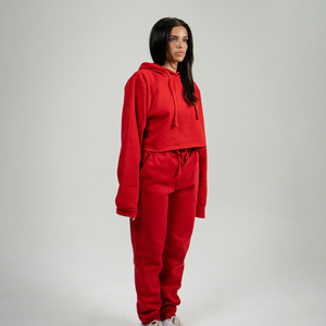 Conjunto de chándal de invierno para mujer al por mayor, 100% de algodón Top corto, forro polar sólido, logotipo personalizado, conjunto largo de 2 piezas teñido liso - Product Image 4