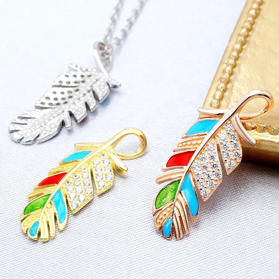 Wholesale genuine silver jewelry enamel feather fine pendant necklace custom jewelry