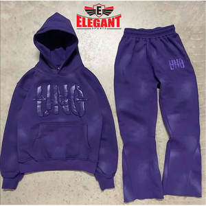 Custom Logo Stacked Flared Sweatpants and Hoodie Set Acid <b>Wash</b> 3D Puff Print Distressed Tracksuit by Elegant Sports - Product Image 4