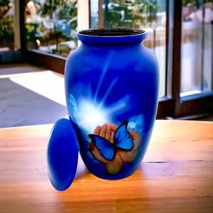 Cremation <b>Urn</b> Burial Lovely Hand Butterfly Design <b>Large</b> Size 26 cms high with Velvet Bag - Product Image 2