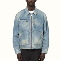 Vente en gros de vêtements de rue en coton avec logo personnalisé veste manteaux vintage en jean à col rabattu et fermeture éclair effet délavé