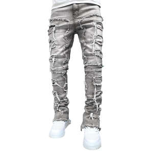 Men High Waist Regular Fit Stacked Canvas Ripped Slim Fit Patch Distressed Destroyed Straight 100% Cotton Eco-Friendly Trouser - Product Image 5