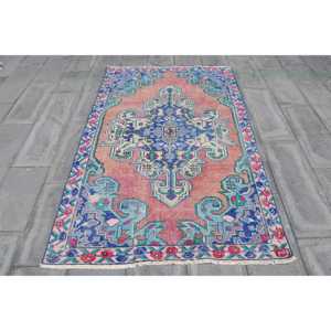 4.3x7.1 ft Vintage Turkish Rug, Area Rug, <b>Red</b> Blue Striped <b>Wool</b> Rug - Product Image 1