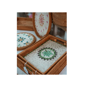 Bandeja de Ratán con Incrustaciones de Nácar y Conchas Marinas, Decoración de Pared, Artesanía de Lujo de Vietnam, con Logotipo Personalizado - Product Image 6
