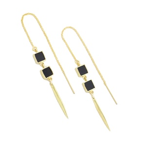 92.5 Sterling <b>Silver</b> With Gold Polished Natural Black Onyx Smooth Square Shape <b>Long</b> Dangle Handmade <b>Earring</b> - Product Image 1