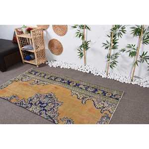 พรมตุรกีขนาด 3.3x6.4 ฟุต, พรมวินเทจลายตกแต่ง, พรมขนสัตว์สีเบจ-น้ำเงินลายนามธรรม - Product Image 4