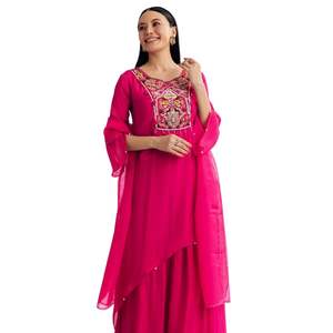 Traje Palazzo asimétrico de Chinon rosa con bordado, venta al por mayor de Ropa Étnica para mujer, proveedor de fábrica de ropa OEM, atuendo personalizado - Product Image 2
