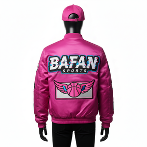 Chaqueta de Satén Rosa Intenso para Mujer, Tela Suave y Brillante con Bordado, Logotipo Personalizado y Paneles de Parche en las Mangas Delanteras, Chaquetas de Satén para Mujer - Product Image 2