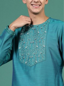 Kurta Pajama Homme Ramas Kurtis Style Vintage Brodé à la Main Motif Uni Polyester Été Ethnique Coupe Droite Col à Volants - Product Image 6