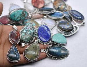 20 Pcs Gemstone Pendant Lots <b>Oxidized</b> Silver Plated Jewelry Designer Necklace Pendant Mix Lot For Women. Mix Color Gemstone - Product Image 3