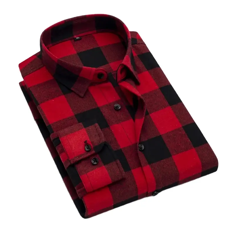 Latest Red and Black Plaid Long sleeve Men's Casual flannel Shirts 100% Cotton Long Sleeve Breathable Plaid Shirts for Man