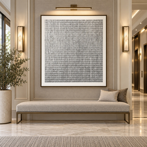 Grande œuvre d'art murale originale, peinte à la main, gris et blanc, abstraite linéaire, technique mixte à l'huile, texture de toile quadrillée, minimaliste, sans cadre, pour couloir - Product Image 1