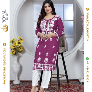 Women's White Chikankari Kurta - Rayon, Knee Length, Straight Cut, Size X-Large | Indian Ethnic Wear