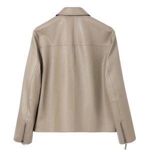 Nueva chaqueta de cuero de oveja para hombre de otoño, abrigo de solapa corta Micro ancha curtida con plantas reales, cierre de cremallera de estilo informal de longitud larga - Product Image 3