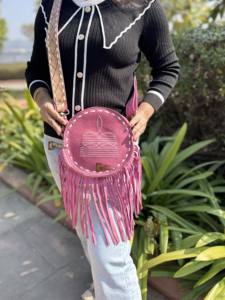 Bolso de mano de ante estilo vaquero con flecos redondos, diseño de última moda, color rosa, estilo bohemio para mujer, ¡gran oferta! - Product Image 5