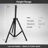 Support de projecteur suiveur réglable en hauteur (1-1,7 m), charge 35 kg, trépied pour éclairage de scène, tube rond 40/35 pour éclairage de scène