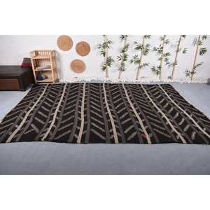 Alfombra de lana moderna de área grande para adolescentes 7,5X10,9 pies Negro Beige Rayas Rectángulo Patchwork Diseño 10mm Espesor Respaldo de látex - Product Image 1