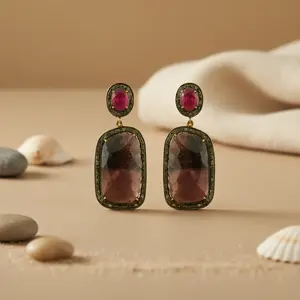 Boucles d'oreilles pendantes pour femmes en plaqué or 14 carats avec rubis et saphir, style goutte élégant avec diamants, pour mariages et fêtes - Product Image 2