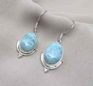 Boucles d'oreilles pendantes en argent sterling 925 de qualité supérieure, avec larimar bleu certifié GIA, taille ovale - Product Image 1
