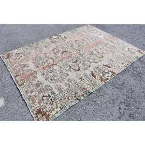 Alfombra turca clásica Vintage Beige Marrón 6,3X8,6 pies Lana hecha a mano con respaldo de látex Patrón de retazos para cabecera - Product Image 3