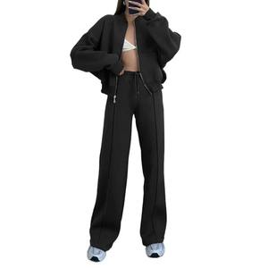 Automne femmes vêtements de sport décontracté col rond pantalons longs ensembles manteau à glissière à la mode 100% coton coupe ample à manches longues touche féminine - Product Image 6