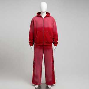 Survêtement décontracté pour homme avec logo personnalisé, sweat-shirt à capuche zippé, pantalon de survêtement ample à jambes larges, effet délavé au soleil, survêtement unisexe - Product Image 3