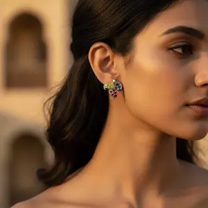 <b>Silver</b> Leaf Trendy <b>Drop</b> <b>Earrings</b> with Ruby Sapphire & Diamond Gemstones GIA Certified Gold Plated for Weddings Engagements - Product Image 2