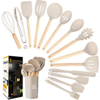 Ustensiles de cuisine antiadhésifs avec manche en bois, ensemble de 15 ustensiles de cuisine en silicone, spatules avec support