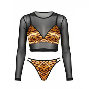 下着 下着セット レディース セクシー タイガービキニとブラックメッシュクロップトップパンティー 高視認性で販売中 - Product Image 1
