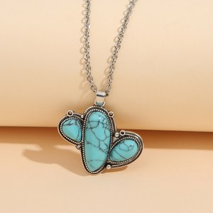 Wofish Trang Sức Phương Tây Dây Chuyền Xương Rồng Cánh Góc Màu Ngọc Lam Đậm Màu Bạc - Product Image 1