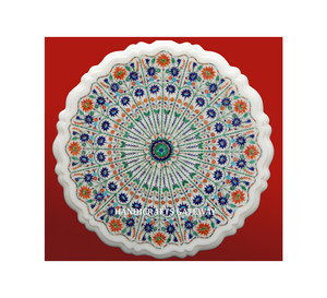 Dessus de table de service de café de mariage Motif fait à la main Design Travail Forme ronde Dessus de table basse Marbre blanc Design floral Dessus - Product Image 1