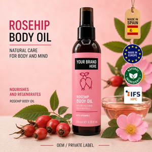 Huile de rose musquée en marque privée 200 ml OEM |   Huile de traitement des cicatrices et des vergetures |   Vitamine E |   Végétalien Naturel |   Fabriqué en Espagne UE - Product Image 1