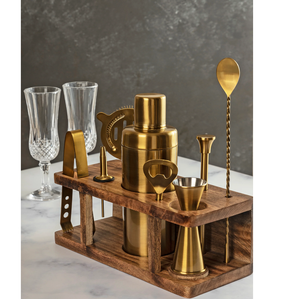 Gold Bartender Kit With Brown Elegant Bamboo Stand Unique Item Homes and Hotels Uses <b>bar</b> <b>Accessories</b> - Product Image 1
