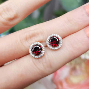 NOVAMART Fine Zarkan Vintage Red Garnet and Diamond Drop Earrings Dot <b>Silver</b> <b>Studs</b> with Ball Pattern Bezel Setting Trendy Style - Product Image 1