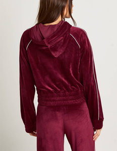 Conjunto de 2 piezas de joggers de terciopelo burdeos para mujer, novedad 2026, con chaqueta ajustada con cremallera y ribetes en contraste, antibacteriano, de peso medio y pierna ancha. - Product Image 3
